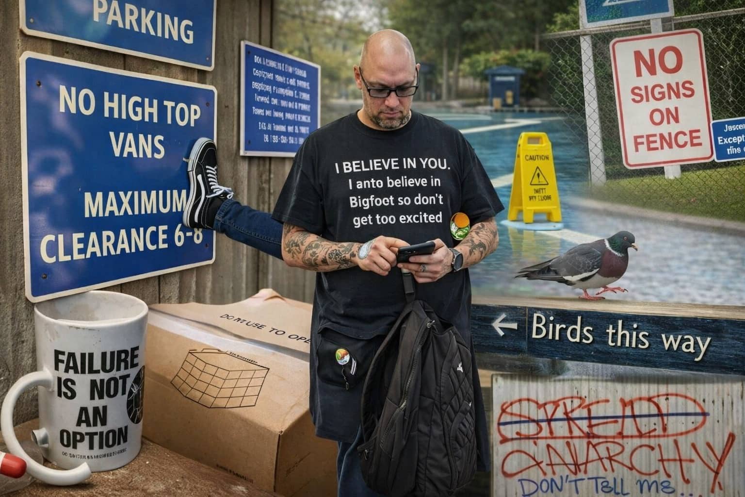 Man in sarcastic Bigfoot t-shirt standing near contradictory signs and anarchy graffiti for sarcasm memes.
