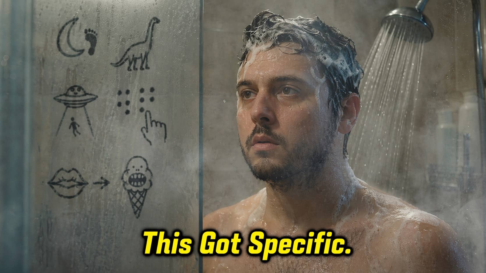 Confused man in steaming shower looking at bizarre drawings on the glass door including UFOs and dinosaurs.