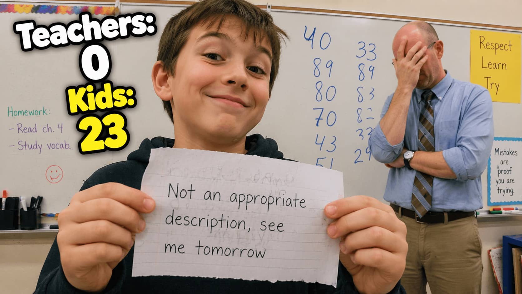 Smirking student holding a note while a frustrated teacher stands by a whiteboard with math problems.