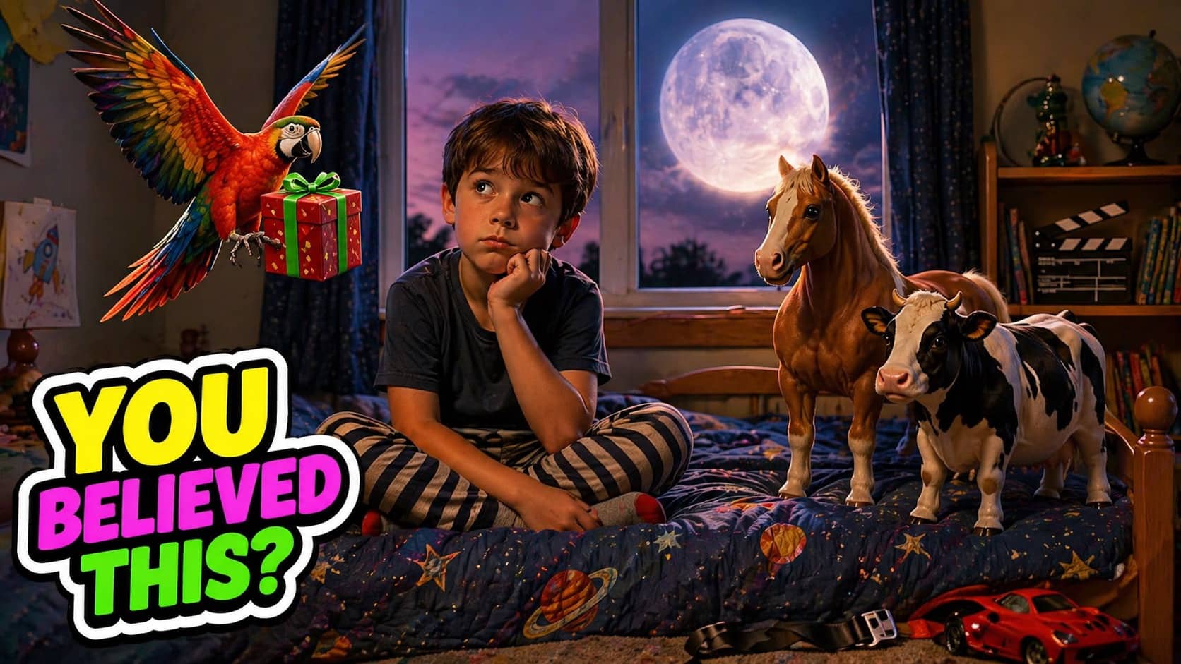 Young boy sitting on bed at night surrounded by surreal parrot, horse, and cow imagery.