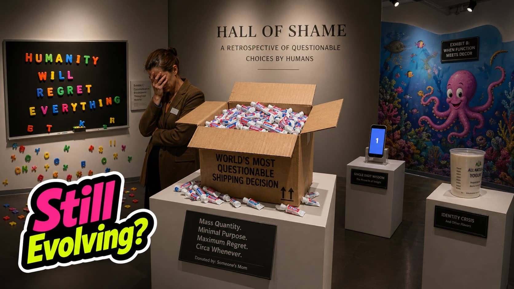 Museum exhibit titled Hall of Shame featuring a box of toothpaste and humanity regret signs.