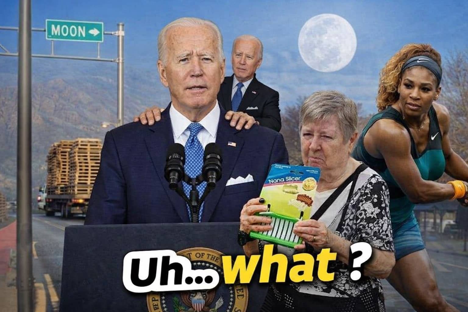 Surreal accidentally funny photo collage featuring Joe Biden, Serena Williams, and an elderly woman with a slicer.