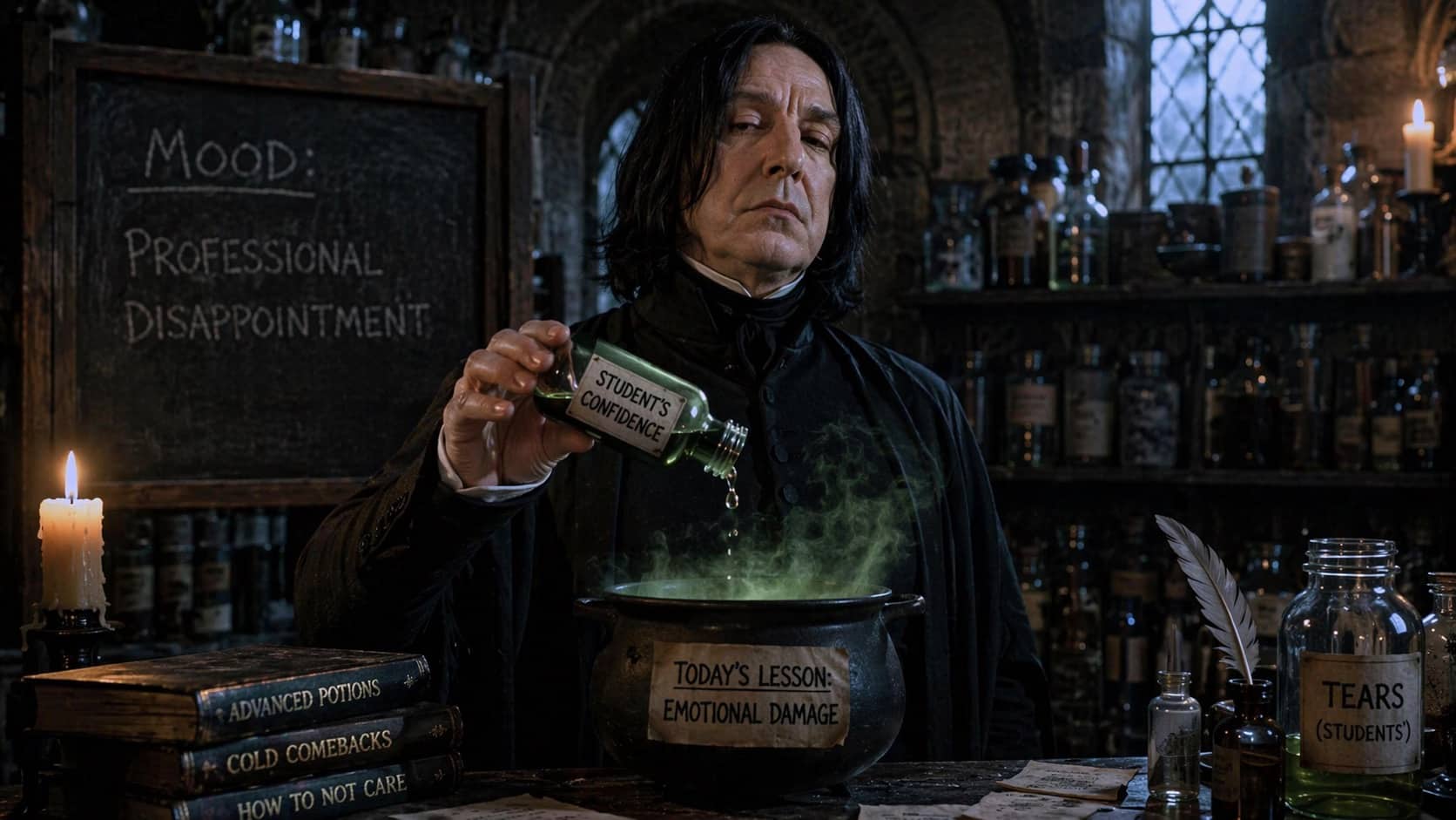 Severus Snape parody brewing a potion of emotional damage with jars of student confidence and tears.