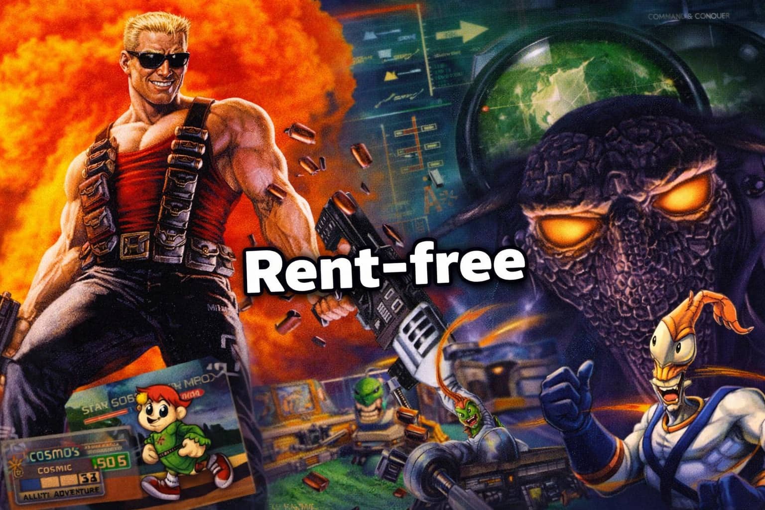 Collage of 90s video game characters including Duke Nukem and Earthworm Jim with the center text rent-free.
