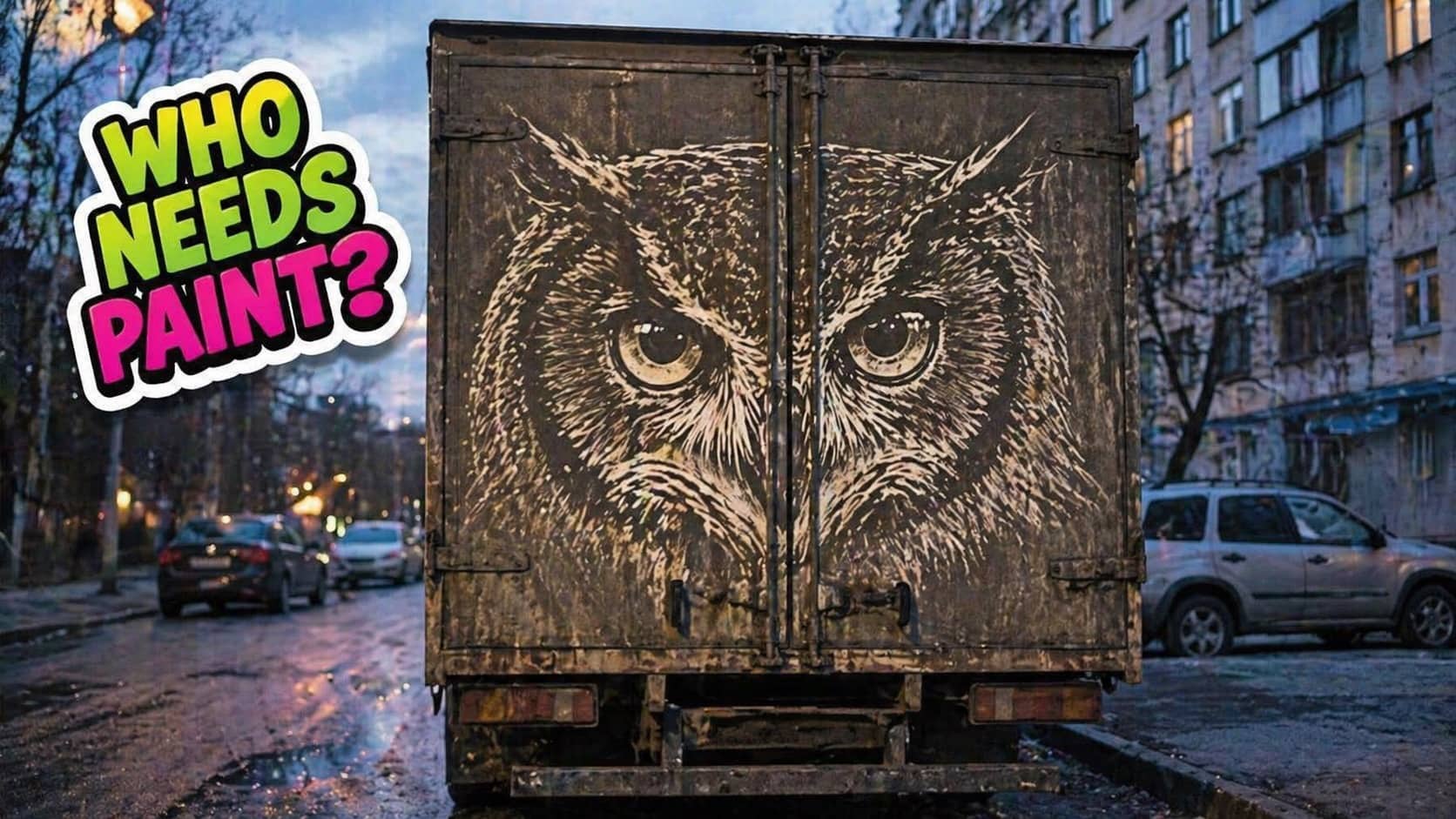 Impressive owl face art meticulously drawn into the thick layer of dirt on a truck's back.