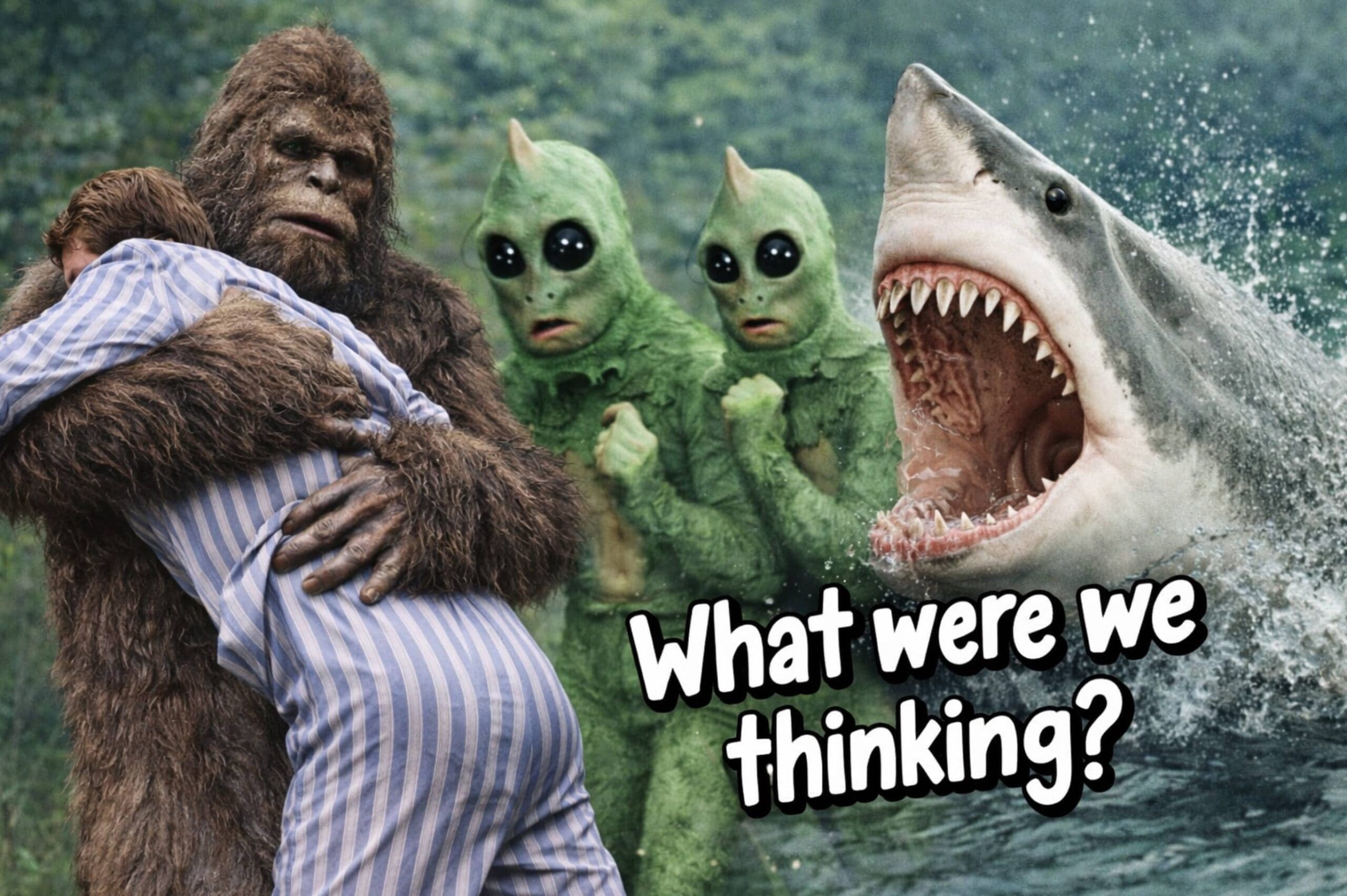 Gen X irrational fears montage featuring Bigfoot, green aliens, and a shark with the text what were we thinking.