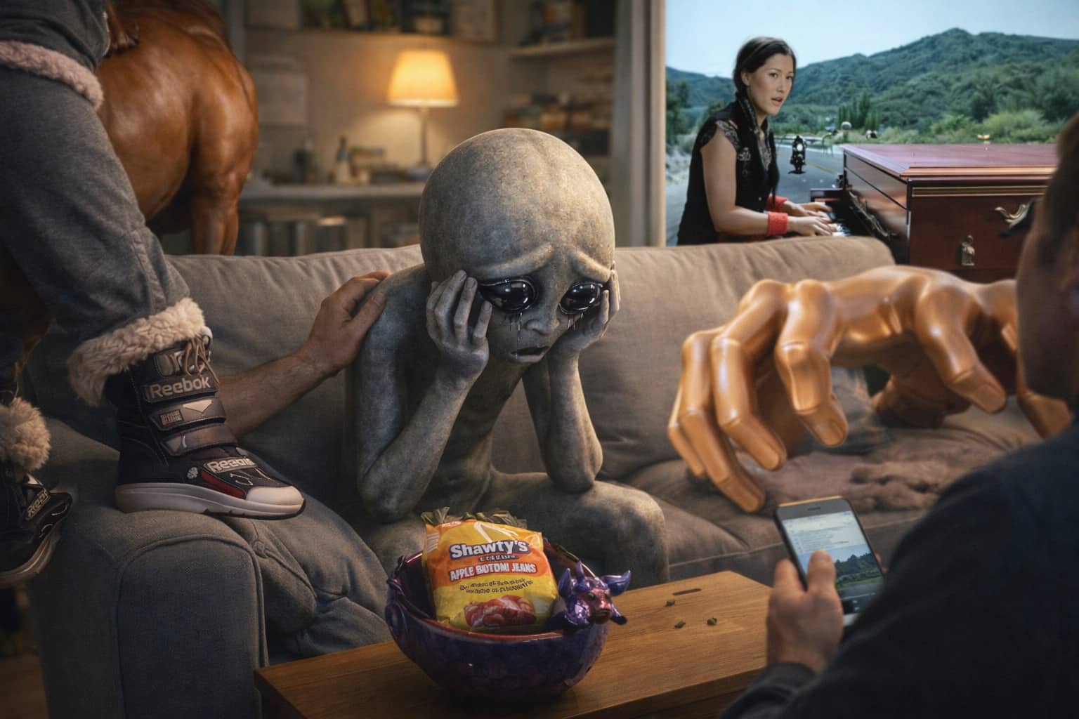 Crying alien on a sofa with Shawty's Apple Bottom Jeans snacks illustrating sad music memes.