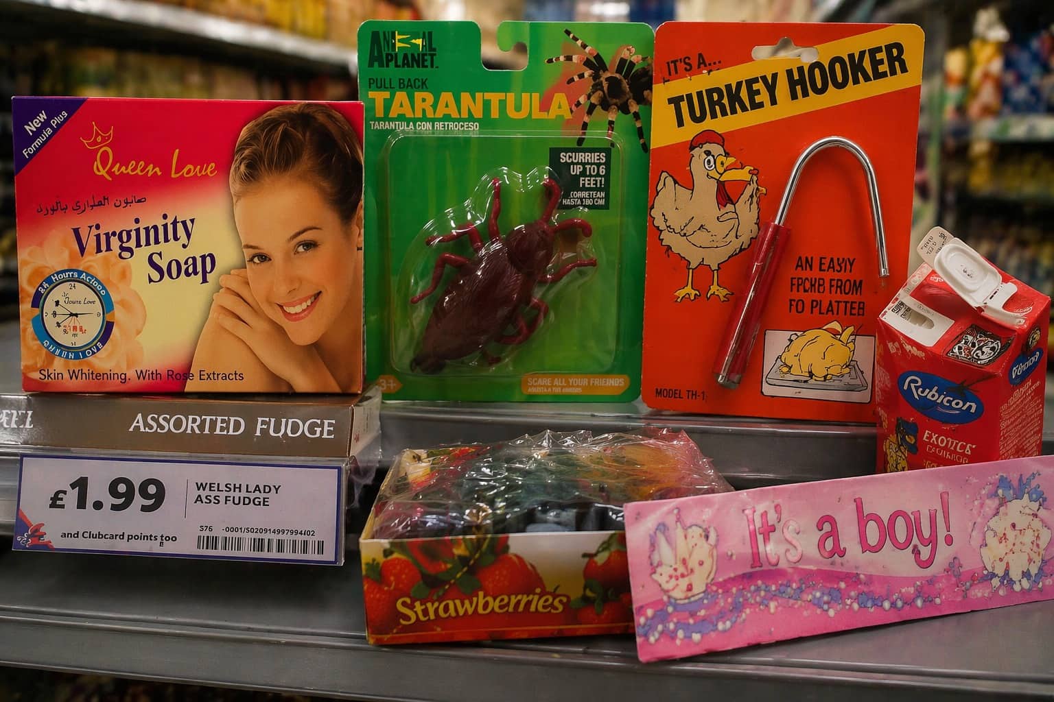 Collection of humorous and poorly translated product packaging including Virginity Soap and Welsh Lady Ass Fudge.