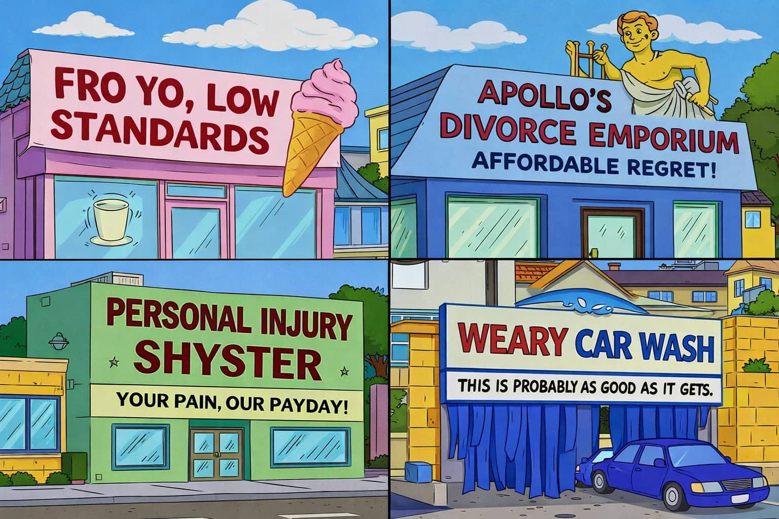 Collection of funny Simpsons signs including a low standards fro-yo shop and a weary car wash.