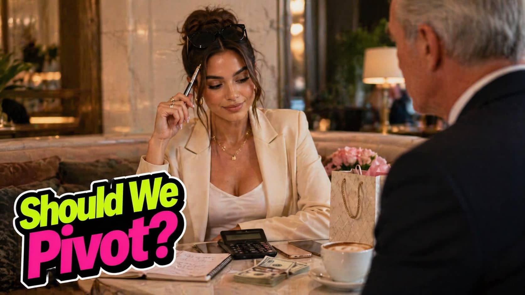 Woman at a table with cash and a calculator discussing lifestyle pivots for meme.