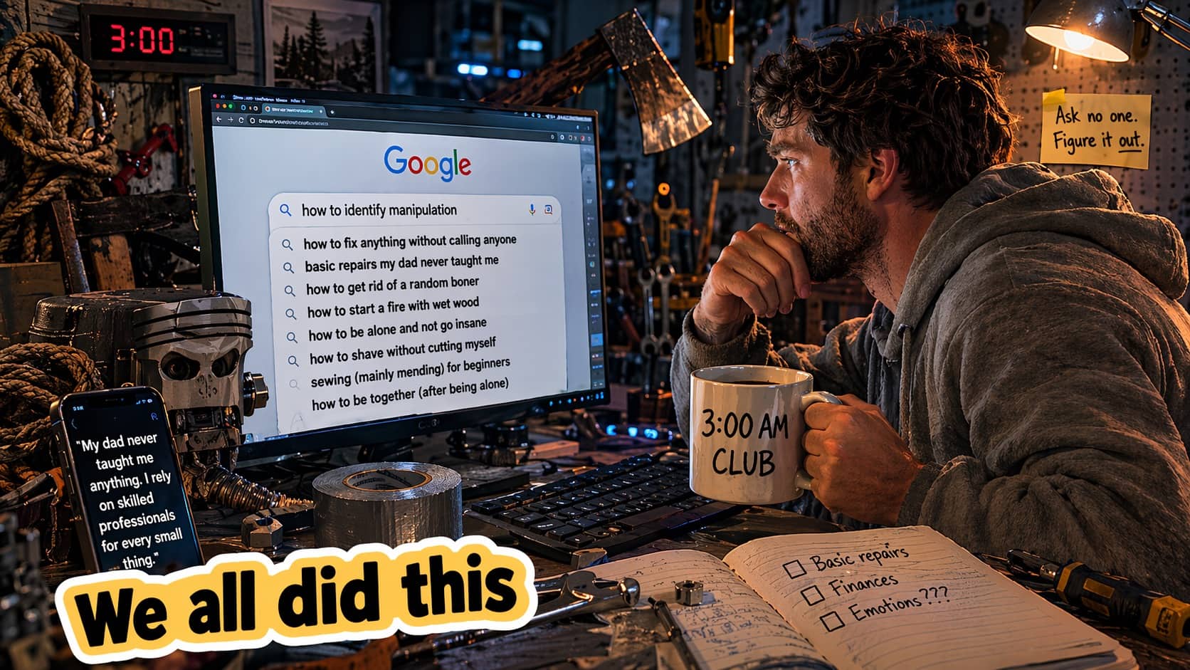 Man searching Google at 3:00 AM for life skills and repairs his father never taught him.