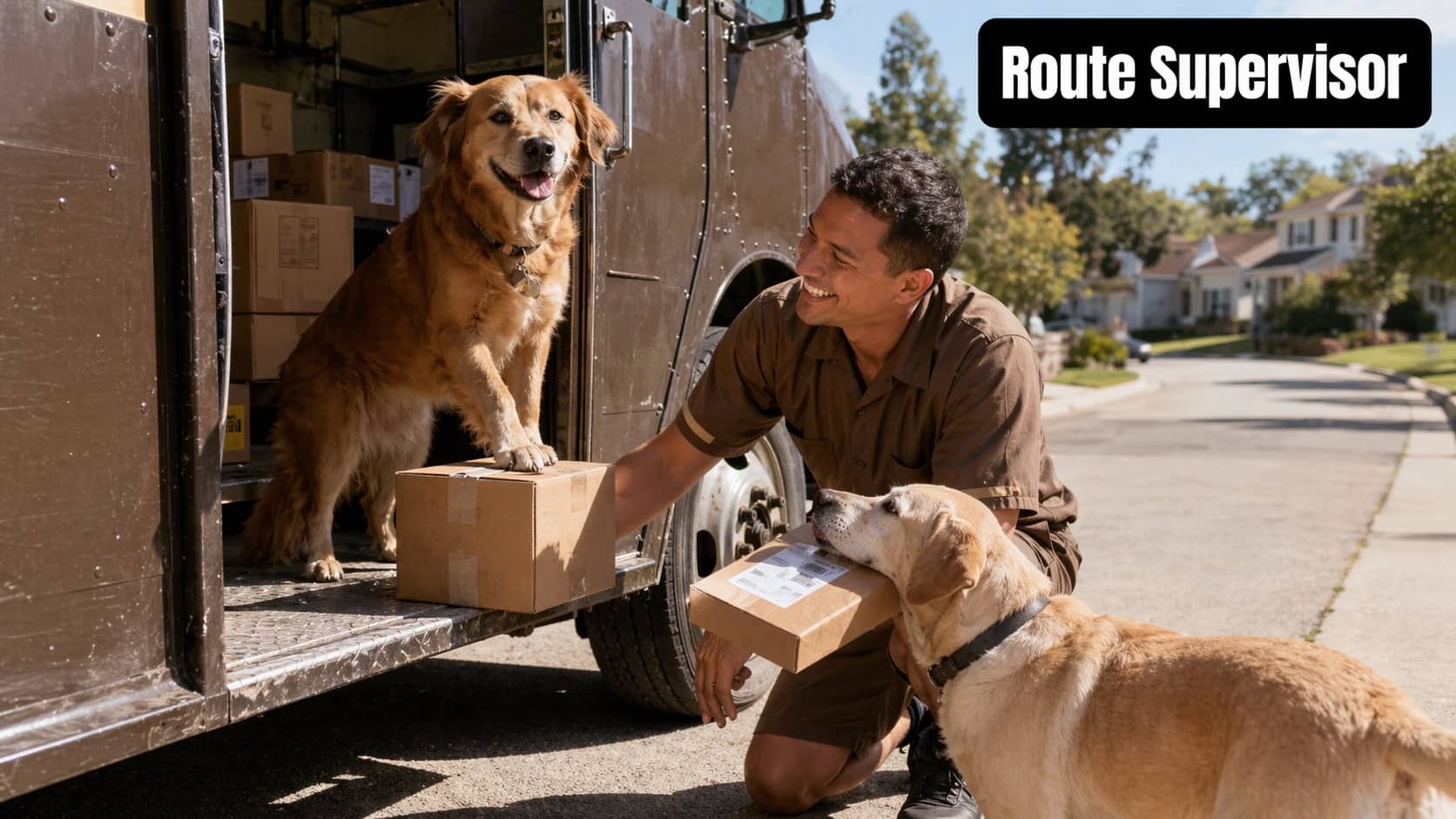 Golden Retriever standing in a brown delivery truck helping a smiling courier with cardboard packages.