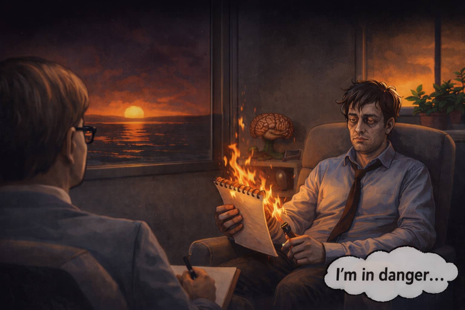 Demotivational quote image of a tired man setting his notepad on fire during a therapy session.