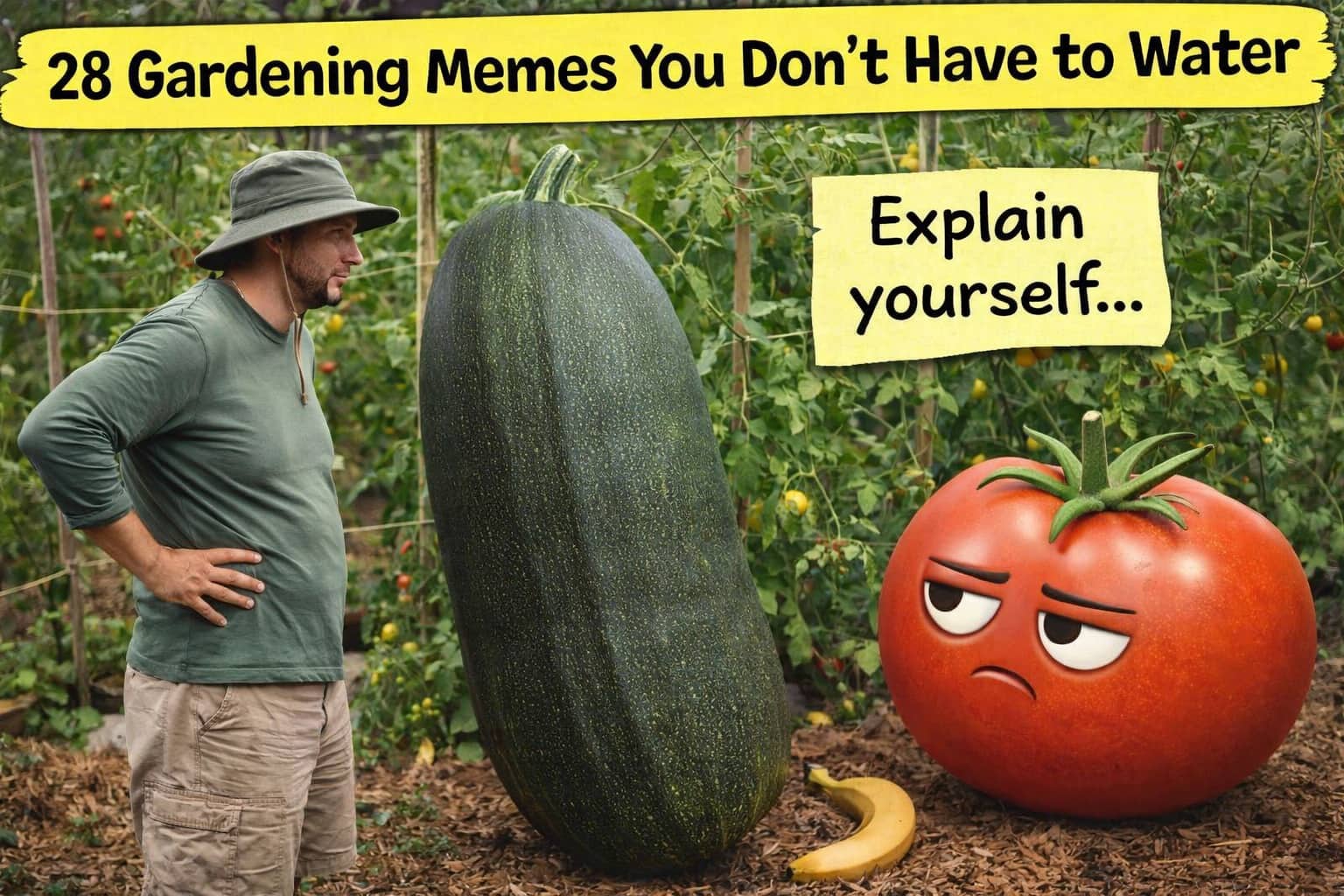 Gardening memes featuring a man looking at a giant zucchini and a grumpy animated tomato.