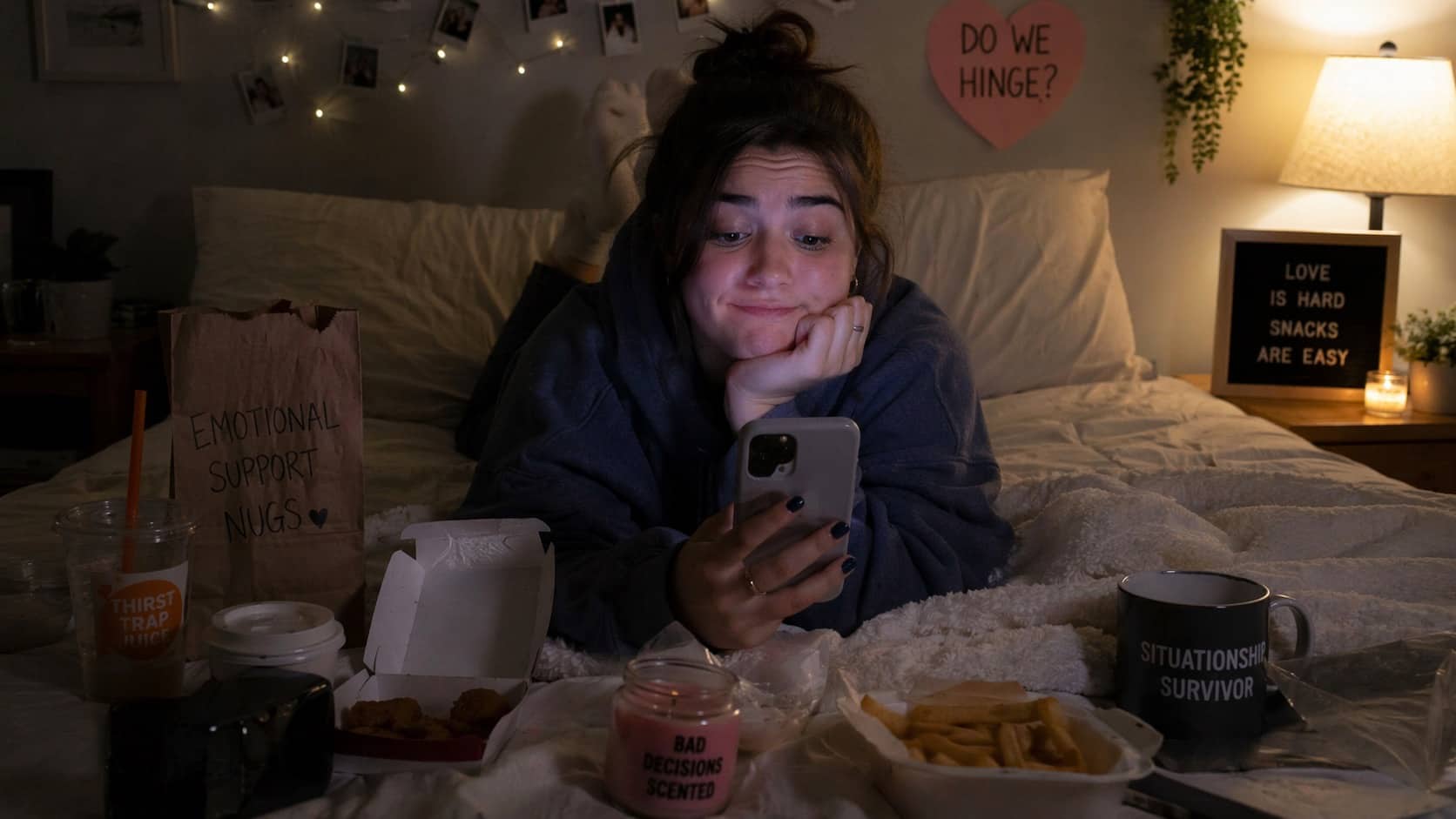 Woman in bed with fast food snacks and humorous signs about situational survivors and bad decisions.