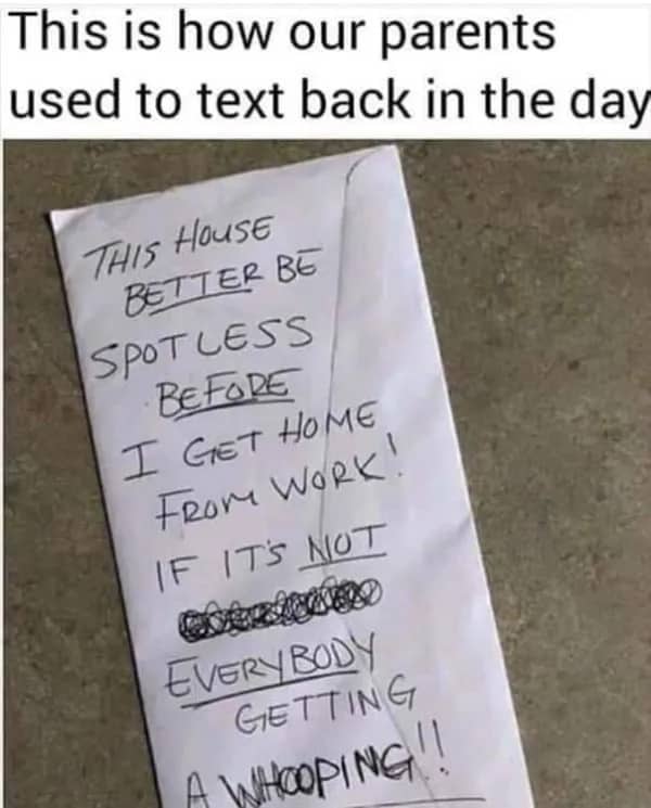 80s meme showing a handwritten threatening note from mom as the original text message format.