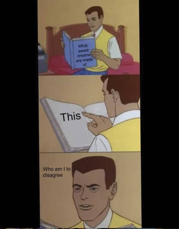 80s meme using Peter Parker book format to reference iconic Eurythmics sweet dreams song lyrics.