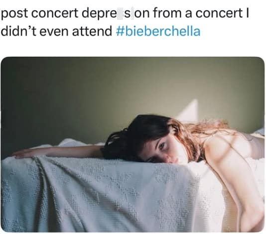 dramatic Bieberchella meme featuring a woman lying face down on a bed, looking utterly exhausted. The text reads: "post concert depression from a concert I didn’t even attend #bieberchella," mocking the emotional toll of watching a high-stakes livestream.