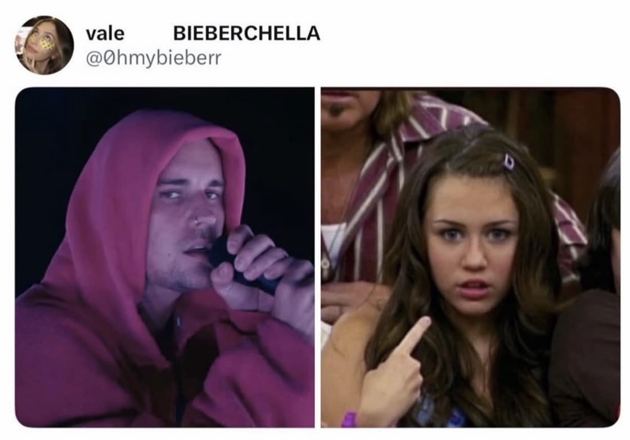 crossover Bieberchella meme comparing Bieber’s pink-hoodie look to a young Miley Cyrus from her Hannah Montana days. The side-by-side images suggest they are giving off the exact same "teen star" energy decades apart.
