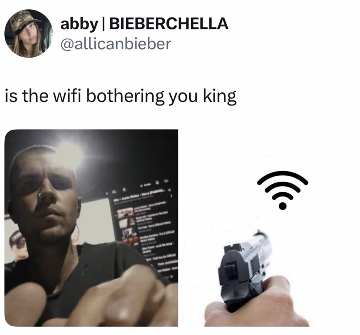 A protective Bieberchella meme featuring a stern-faced Bieber on the left and a hand pointing a gun at a WiFi signal icon on the right. The text reads: "is the wifi bothering you king," humorously showing how overprotective fans get when the stream lags.