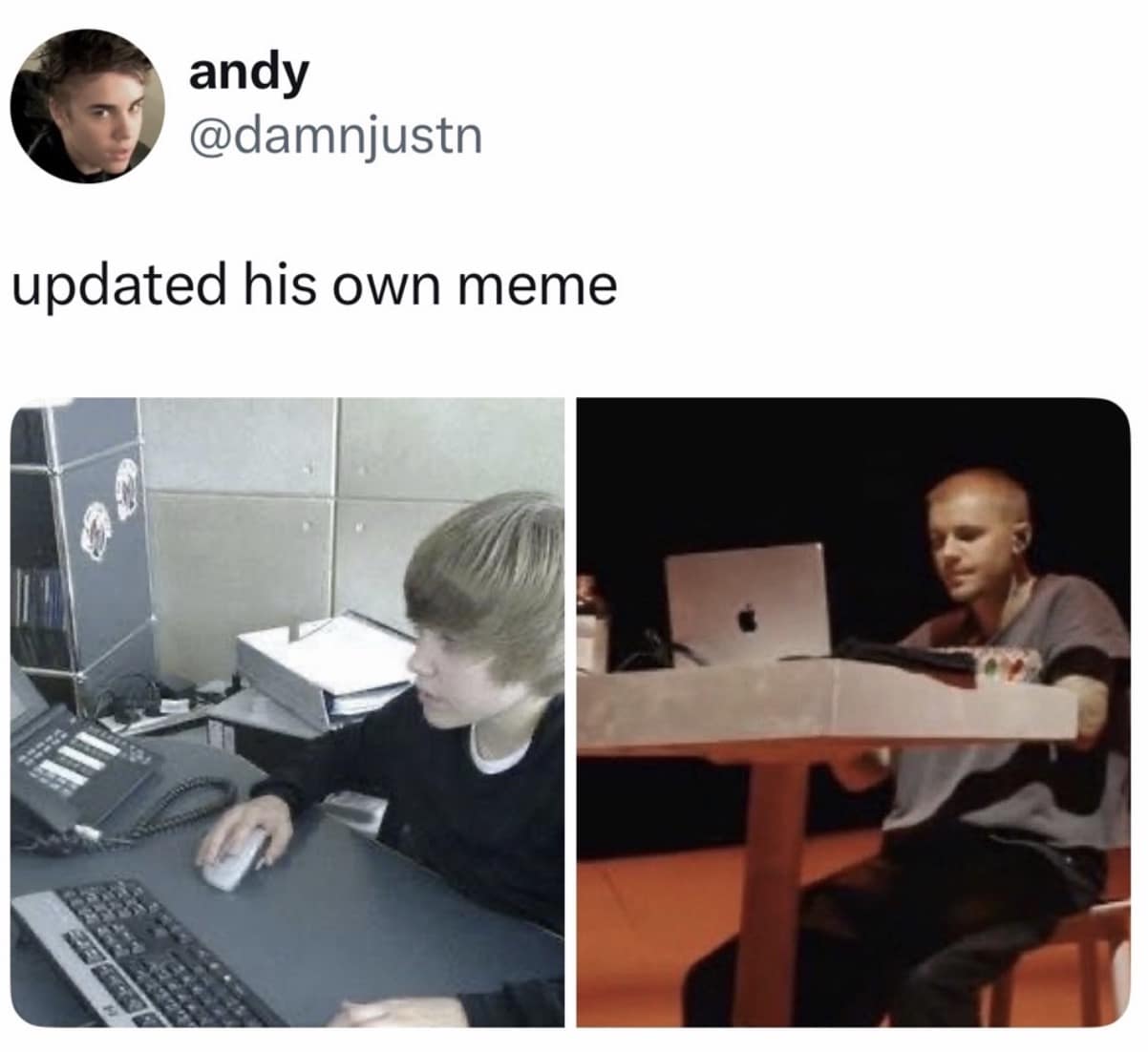 A full-circle Bieberchella meme comparing a viral photo of a young, 2000s-era Bieber at a messy desk to his 2026 Coachella stage setup, which is also a desk. The caption reads: "updated his own meme."