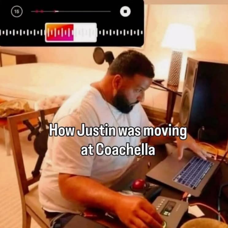 hilarious Bieberchella meme using the iconic image of DJ Khaled hunched over a laptop with a focused expression. The overlay text says, "How Justin was moving at Coachella," poking fun at the low-key, bedroom-producer vibe of Bieber's stage setup.