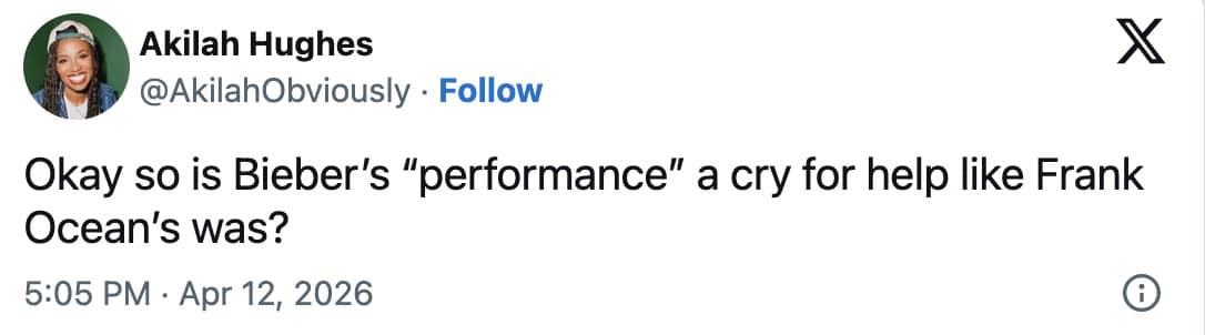 A critical Bieberchella meme tweet from Akilah Hughes asking: "Okay so is Bieber's 'performance' a cry for help like Frank Ocean's was?", referencing past controversial Coachella headlining sets.