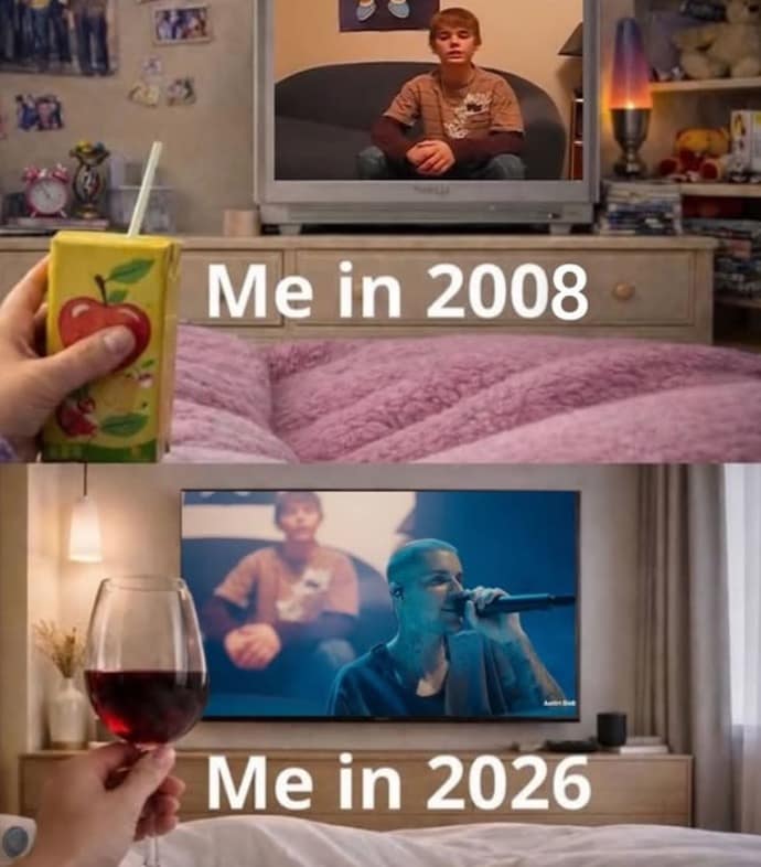 A nostalgia-heavy Bieberchella meme comparing two eras. The top panel shows a hand holding an apple juice box in front of a bulky CRT television playing a 2008 Bieber video. The bottom panel shows a hand holding a glass of red wine in front of a sleek 2026 flat-screen playing the Coachella set. The text reads: "Me in 2008 / Me in 2026."