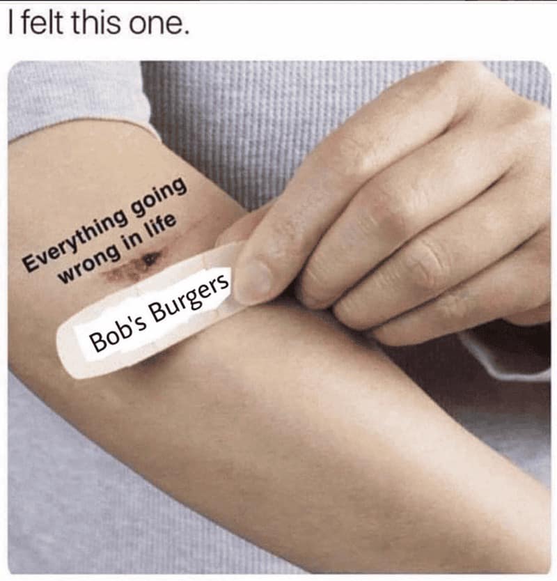 A small adhesive bandage is applied to a forearm in this simple but effective Bobs Burgers meme. The wound represents everything going wrong in life, while the band-aid is labeled as the show itself, serving as a tiny, helpful fix for existence.