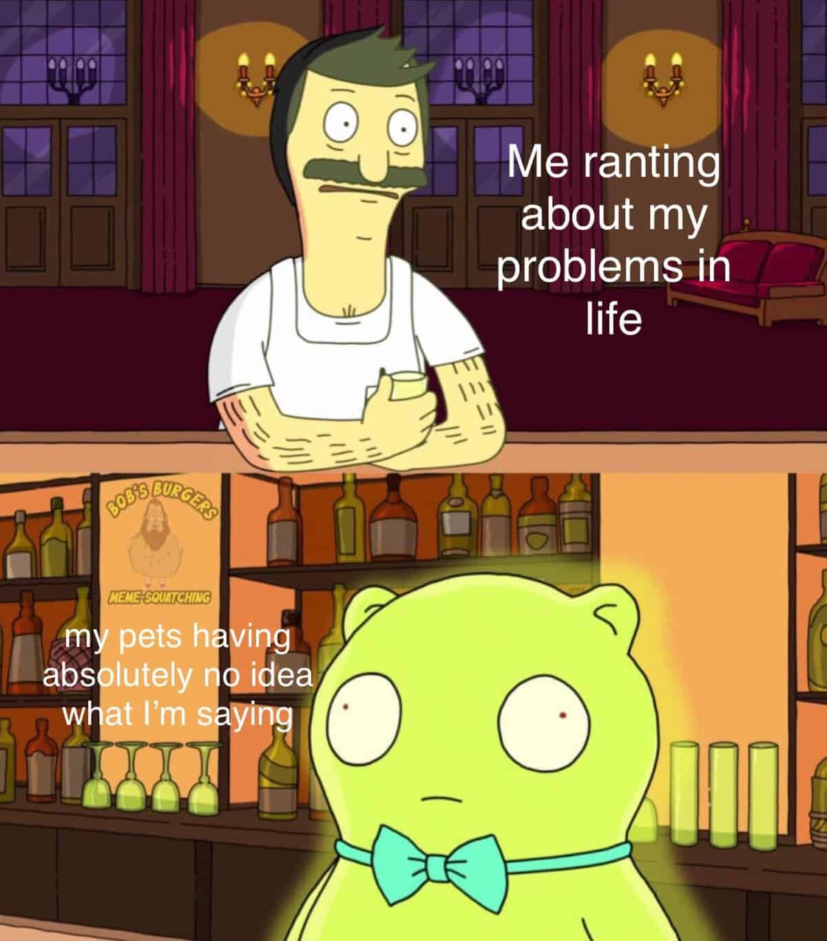The one-sided nature of pet ownership is the focus of this Bob's Burgers meme featuring a two-panel split. The top shows Bob Belcher ranting about his life problems, while the bottom shows a bow-tie-wearing Kuchi Kopi staring back with a completely blank, uncomprehending expression.