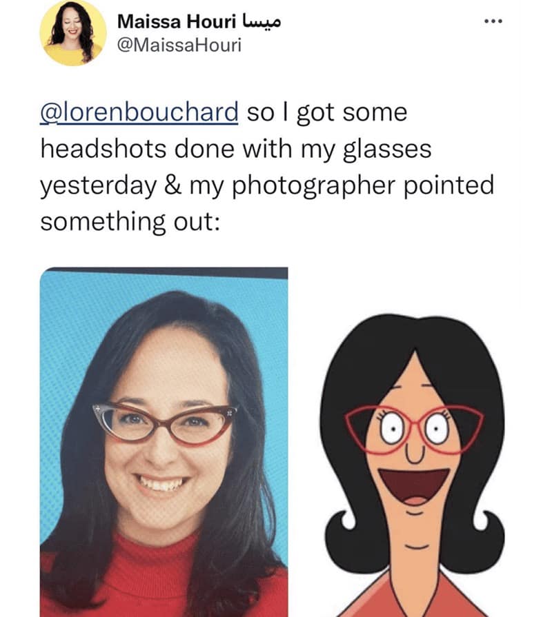This side-by-side Bob's Burgers meme features a real-life woman's professional headshot next to a drawing of Linda Belcher. Both women share identical black hair, red cat-eye glasses, and a wide, enthusiastic smile, proving that Linda exists in the real world.