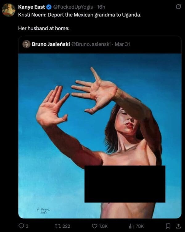 A political Kristi Noem husband meme tweet contrasting her hardline policy statements with a digital painting of a person with large breasts shielding their face. The caption reads: "Her husband at home."