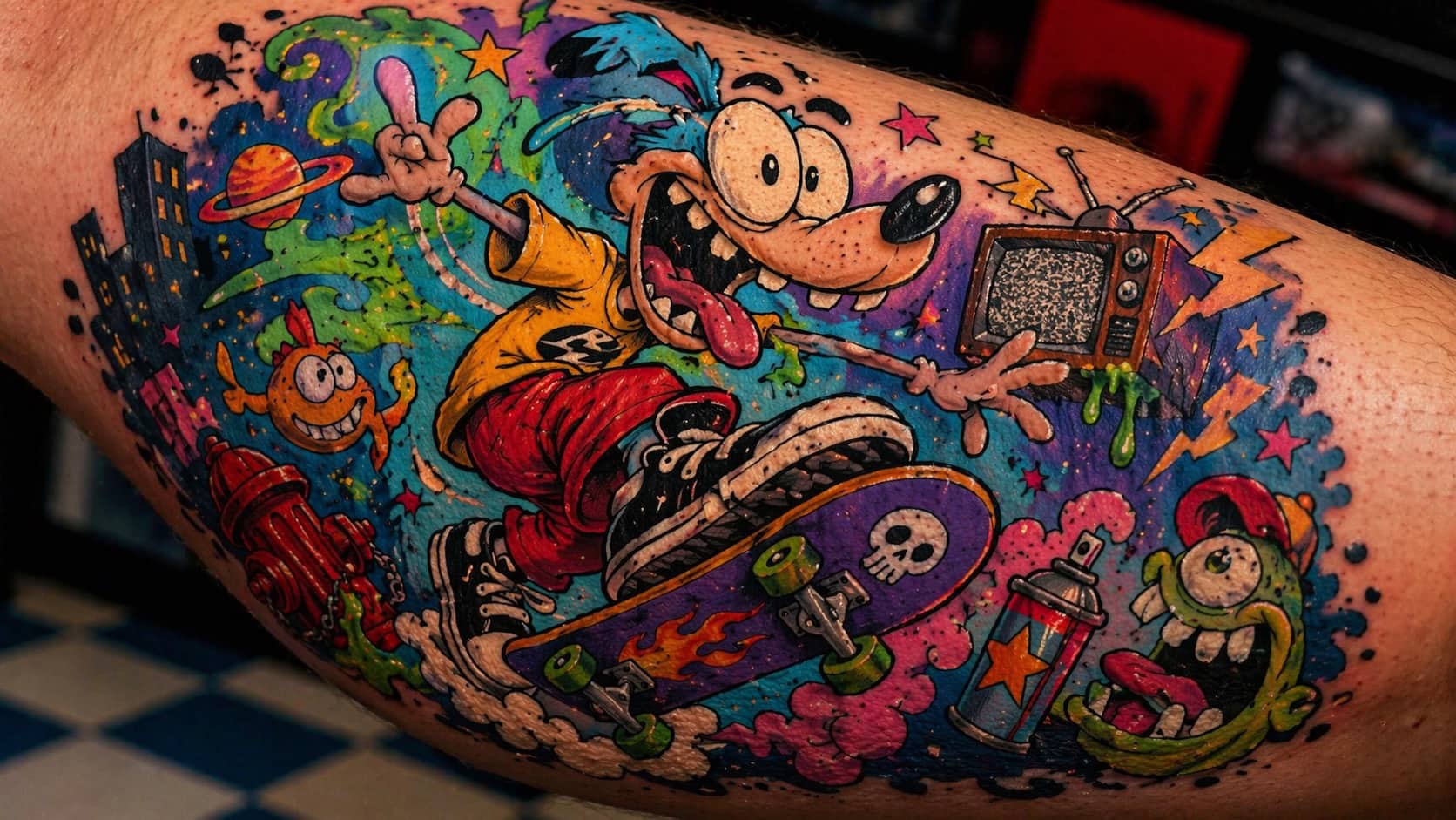 Cosmic cartoon chaos on skin