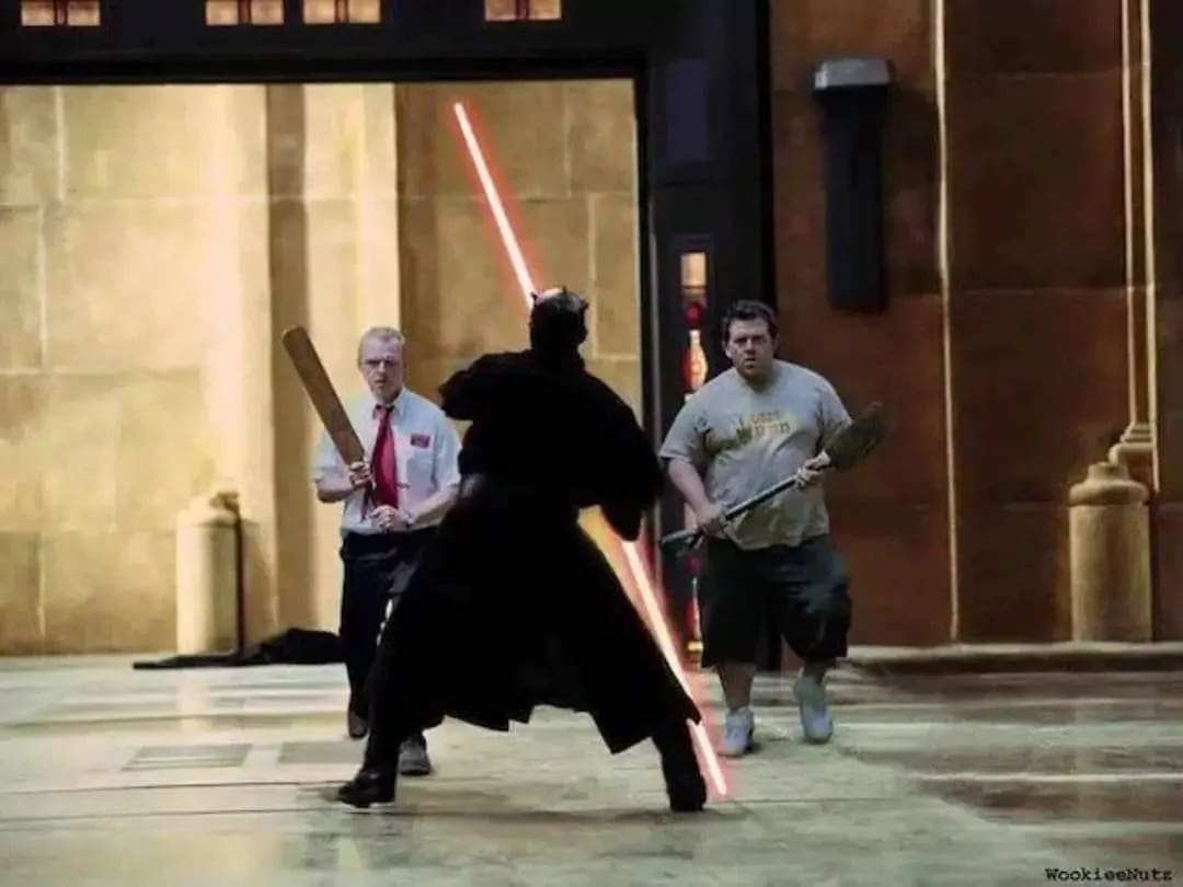A brilliant crossover Darth Maul meme that places the characters of Shaun of the Dead into the Duel of the Fates. Darth Maul ignites his double-bladed lightsaber, but instead of facing Jedi, he’s up against Shaun and Ed armed with their trusty cricket bat and shovel.