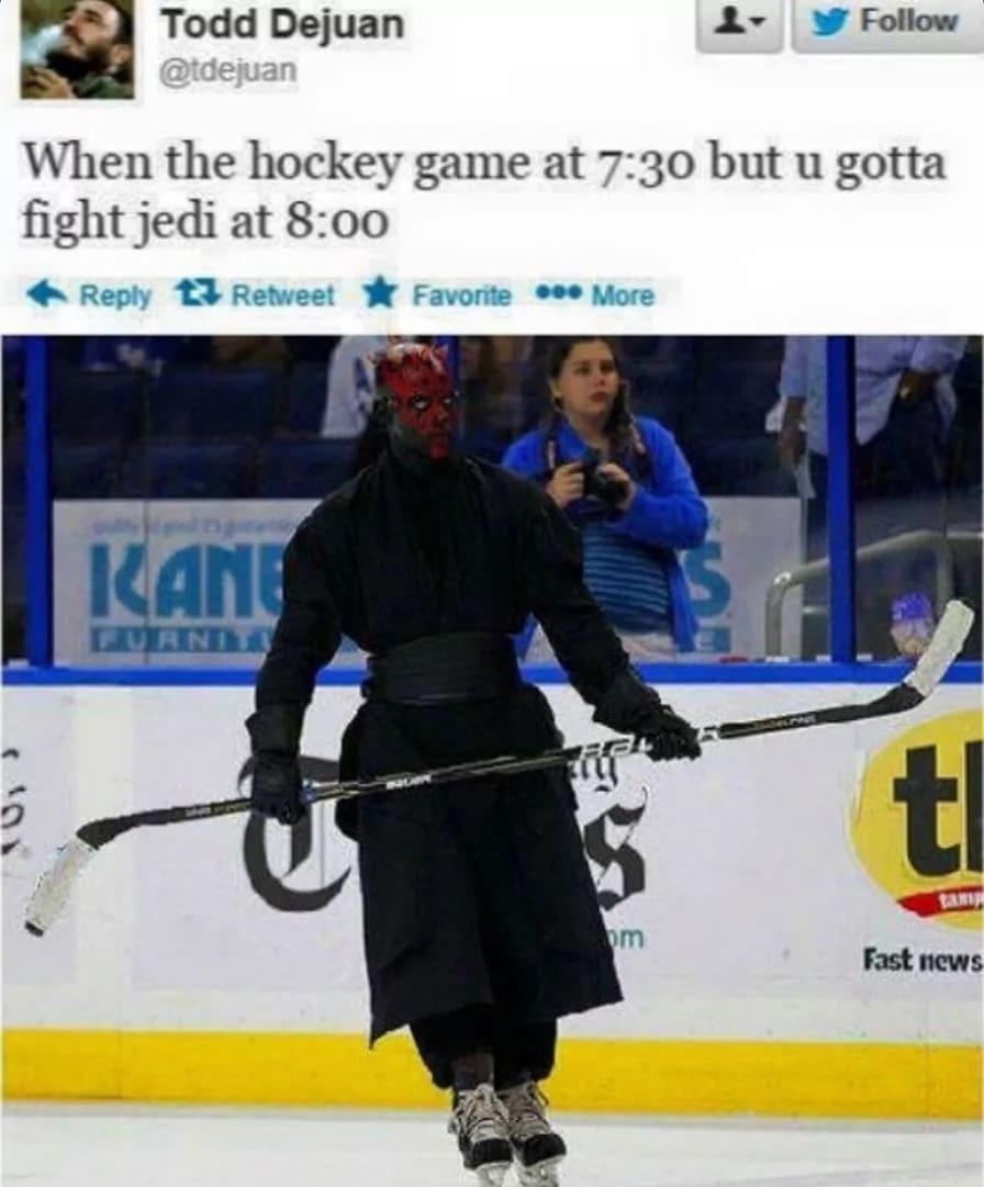 A "double life" Darth Maul meme tweet by Todd Dejuan. It features a photo of a person in a full Darth Maul costume on an ice rink, carrying a double-sided hockey stick like a lightsaber, captioned: "When the hockey game at 7:30 but u gotta fight jedi at 8:00."