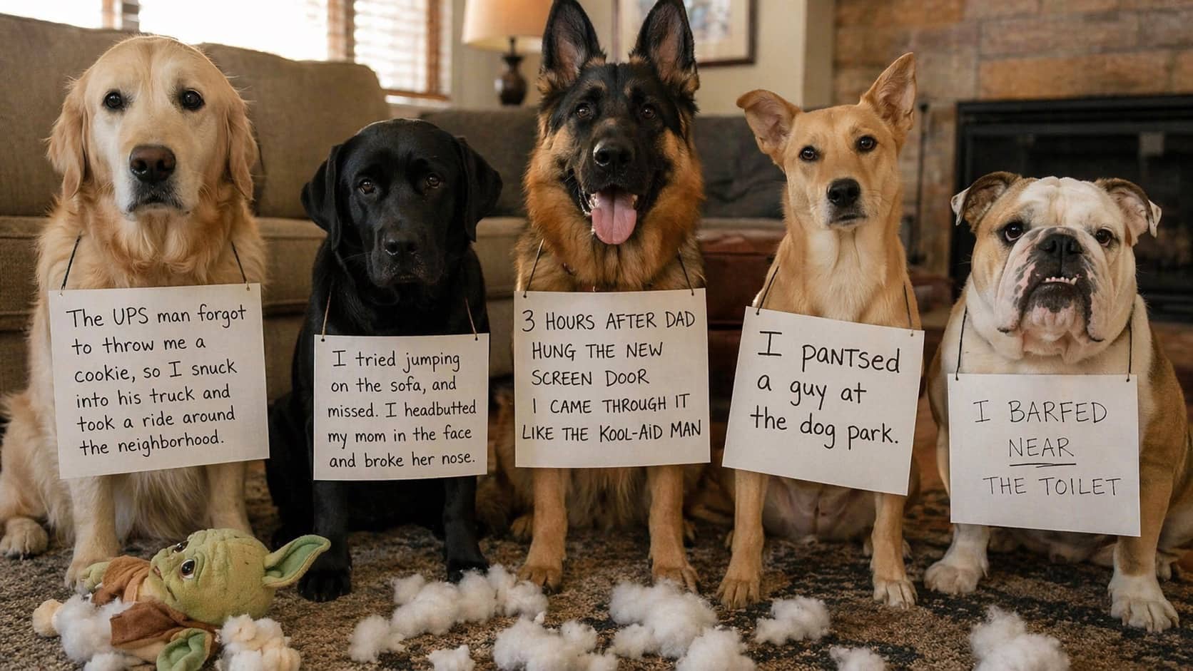 Five guilty looking dogs wearing signs around their necks confessing various funny and chaotic misdeeds.