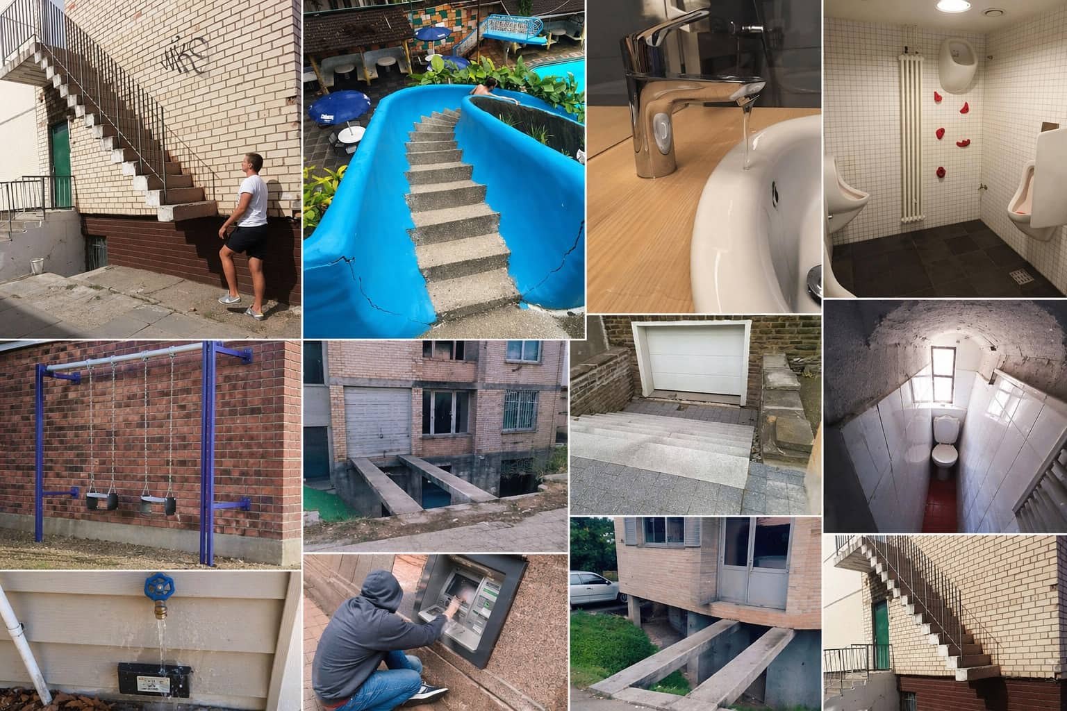 Grid of architectural design fails featuring a staircase to nowhere, misplaced urinals, and inaccessible garage doors.