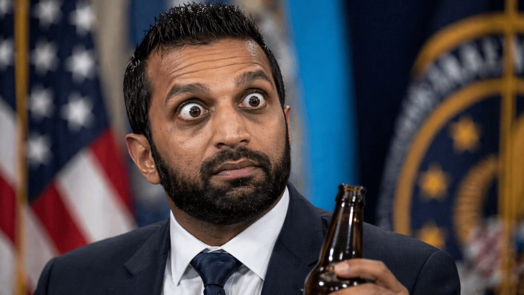 A comprehensive gallery of the Kash Patel memes documenting the surrealist side of 2026 politics, featuring a side-by-side comparison of Patel and a desert rain frog, a parody Uncle Sam poster with googly eyes, and the "Lawsuit vs. Reality" irony of him chugging a bottle in a locker room.