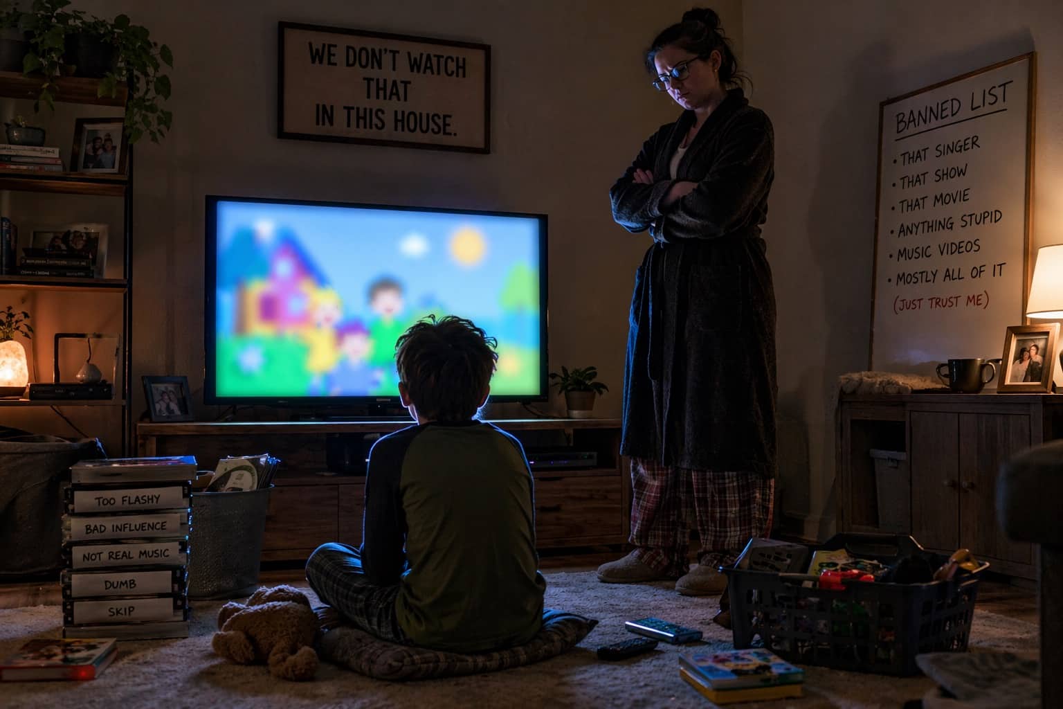 Boy watching television while mother stands over him near a banned list of disapproved media content.