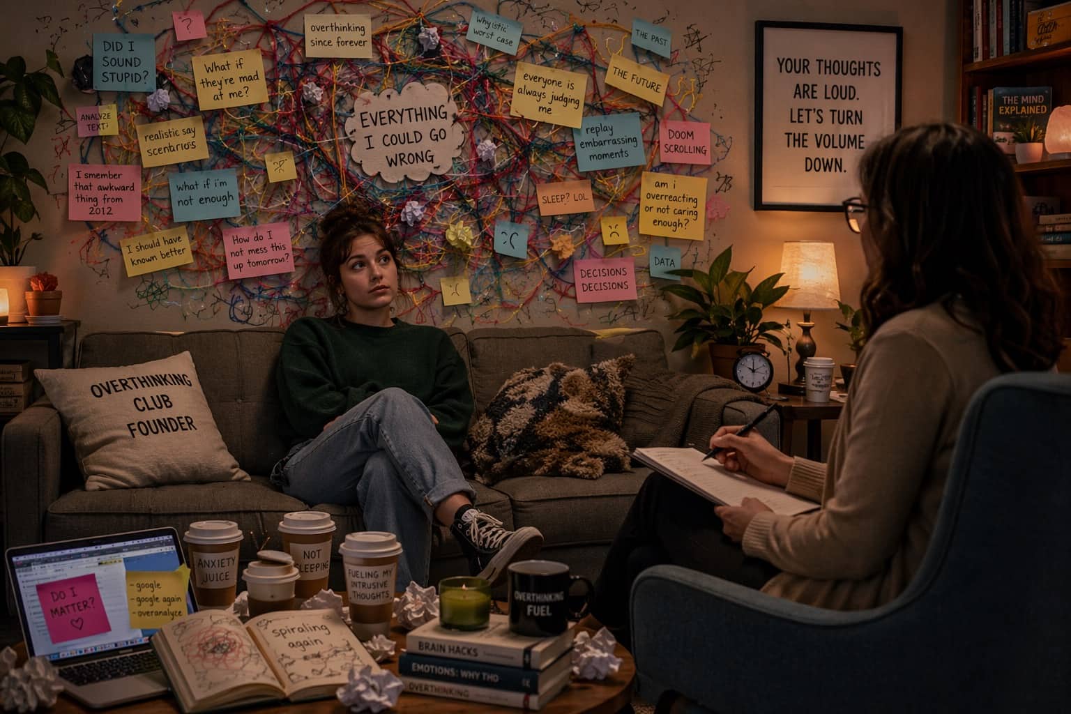 Woman in therapy session sitting before a wall covered in chaotic strings and overthinking sticky notes.