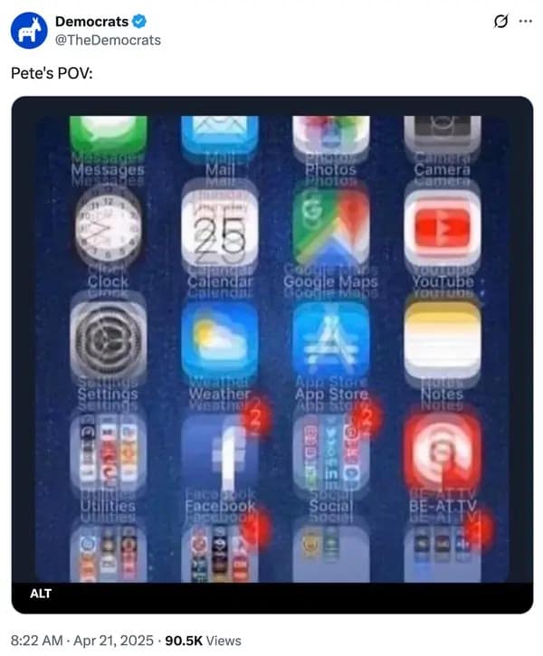 A sharp political Pete Hegseth meme posted by @TheDemocrats. It shows an iPhone home screen blurred into double-vision with overlapping icons, captioned simply as "Pete's POV," suggesting he is chronically intoxicated.