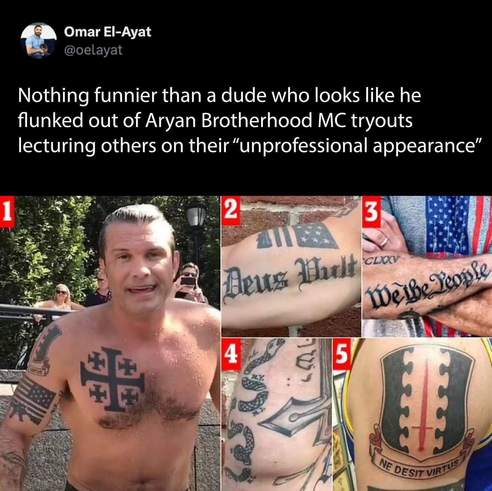 A critical Pete Hegseth meme collage showing him shirtless and highlighting his various tattoos, including the Jerusalem cross and "Deus Vult." The text mocks him for lecturing others on "unprofessional appearance" while sporting Ink associated with extremist groups.