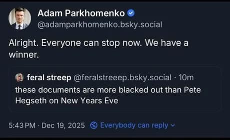A text-based Pete Hegseth meme screenshot from BlueSky. The post delivers a sharp jab at government transparency, claiming that certain redacted documents are "more blacked out than Pete Hegseth on New Years Eve."
