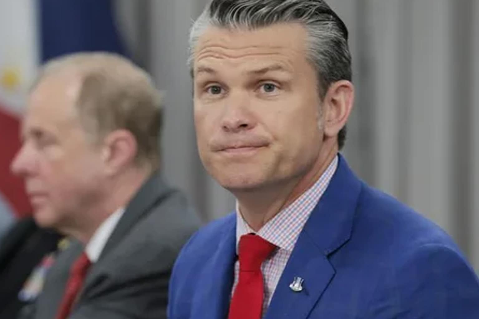 A gallery of Pete Hegseth memes featuring an AI-generated "Pirates of the Caribbean" poster with Trump and Hegseth, a "Hasbro" action figure of Hegseth passed out on the floor with beer cans, and a viral news banner reporting on the "Hegseth Fart Moment" during a war briefing.