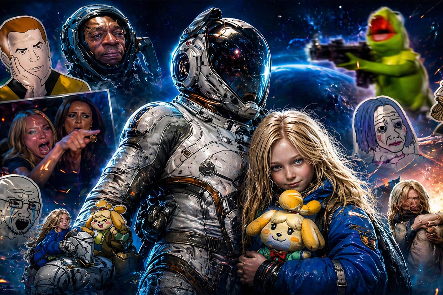 A Pragmata memes gallery compilation featuring a futuristic astronaut with a hyper-realistic crying face peeking through his visor, an HBO-style edit starring Pedro Pascal and Bella Ramsey, and the child character Diana eating a computer RAM stick like a snack.