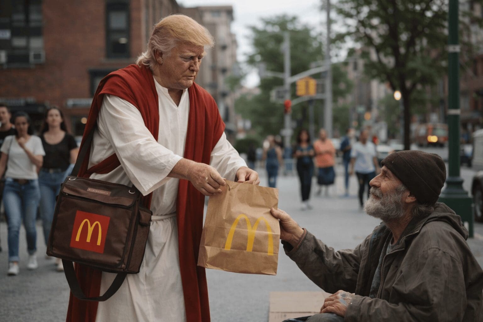 A roundup of Trump Jesus memes featuring the original AI painting of Trump "healing" a patient surrounded by patriotic imagery, a Spirit Halloween costume bag ironically labeled "DOCTOR" containing a Jesus robe, and an AI-generated image of Jesus raising his hand on a plane to answer the call for a medical professional.