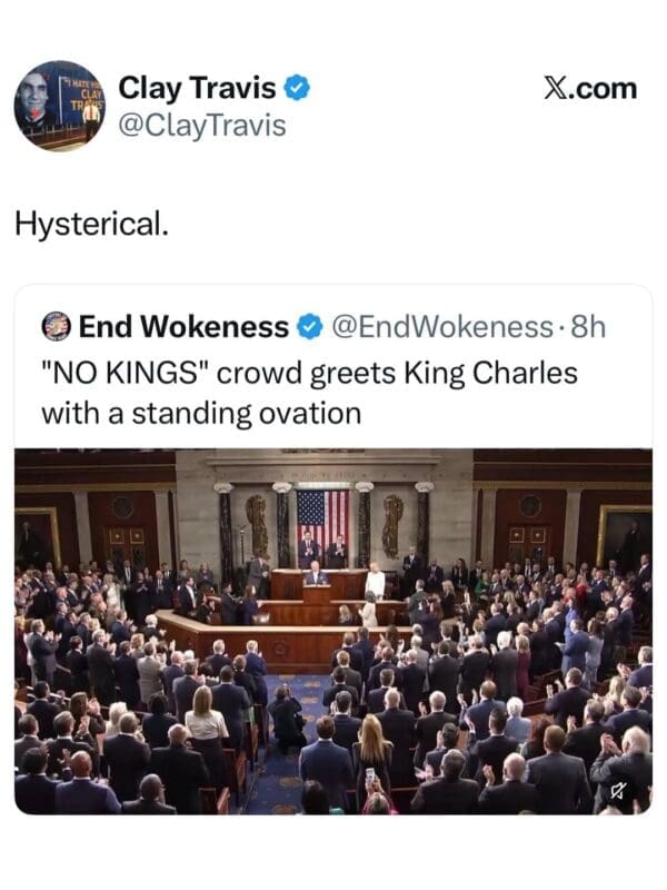 A Trump King Charles meme showing a wide view of the United States House of Representatives. Members of Congress are standing and giving a standing ovation to King Charles. The caption mocks the contradiction of a "No Kings" crowd cheering for a monarch.