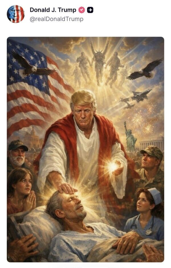 The original Trump Jesus meme that ignited the trend: an AI-generated painting shared by Donald Trump showing himself in a white robe and red sash, laying hands on a man in a hospital bed. The background is a patriotic fever dream featuring an American flag, eagles, fighter jets, and the Statue of Liberty.