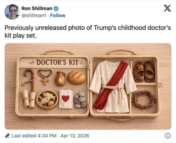 Trump Jesus meme AI image of a wooden "Doctor’s Kit" play set for kids. Subverting the theme, the set includes a white robe, a red sash, a crown of thorns, a cross necklace, and small wooden carvings of bread and fish.