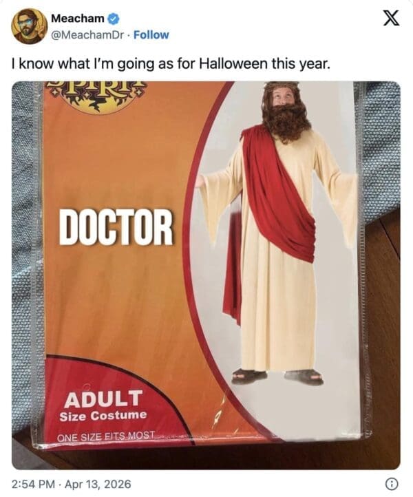 A "cursed" Trump Jesus meme photo of a Spirit Halloween costume bag. While the model is dressed in full Jesus attire—including a white robe, red sash, and crown of thorns—the bold text on the packaging has been edited to simply say "DOCTOR."